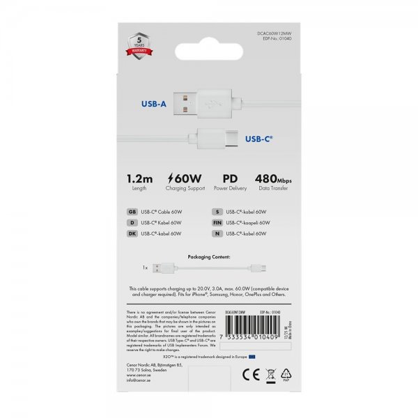 X2O USB-A–USB-C-kaapeli Basic 60W 1,2 m valkoinen
