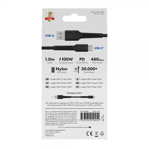 X2O USB-A–USB-C-kaapeli Longlife 60W 1m Musta
