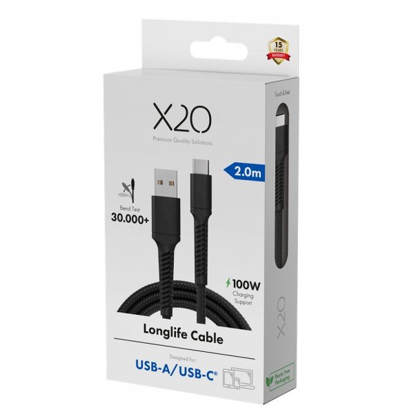 X2O USB-A–USB-C-kaapeli Longlife 60 W 2 m, musta
