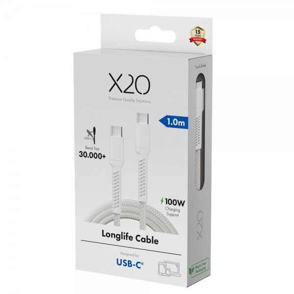 X2O USB-C–USB-C-kaapeli Longlife 100W 1m, valkoinen