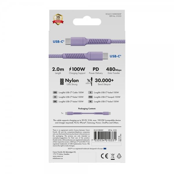X2O USB-C–USB-C-kaapeli Longlife 100W 2m Violetti