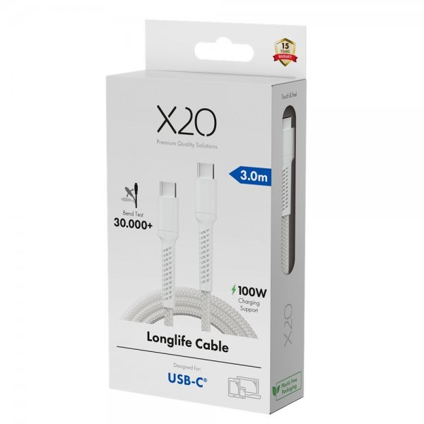 X2O USB-C–USB-C-kaapeli Longlife 100W 3m Valkoinen