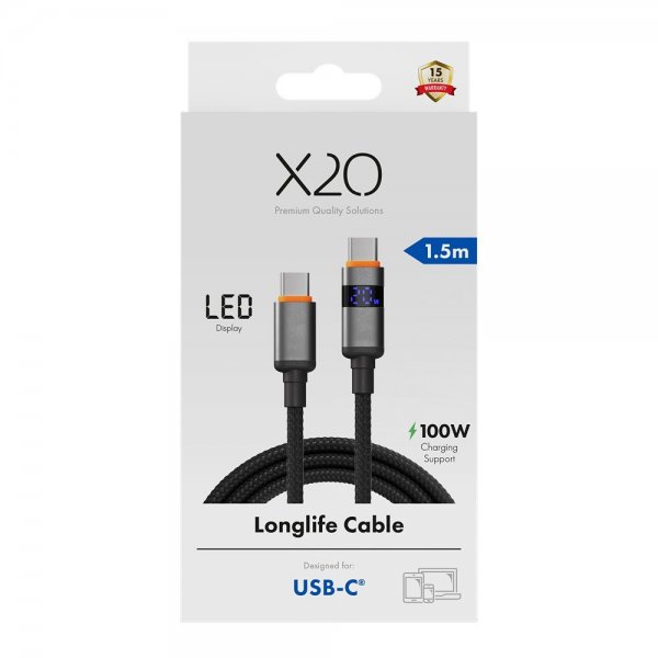 X2O USB-C–USB-C-kaapeli Longlife LED-näyttö 100W 1.5m Musta
