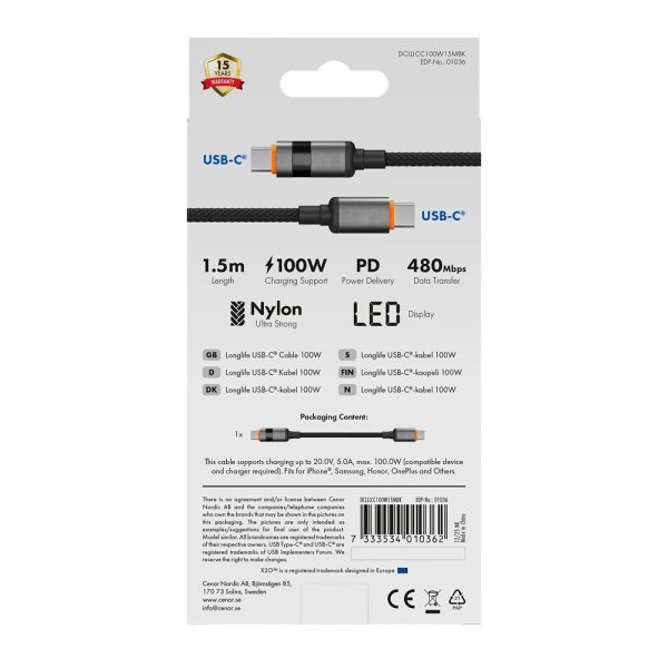 X2O USB-C–USB-C-kaapeli Longlife LED-näyttö 100W 1.5m Musta