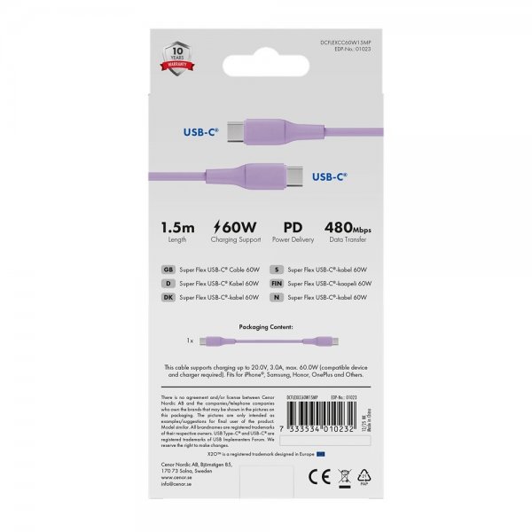X2O USB-C–USB-C-kaapeli Superflex 60W 1.5m, pinkki