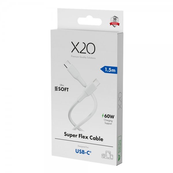 X2O USB-C–USB-C-kaapeli Superflex 60W 1.5m, valkoinen