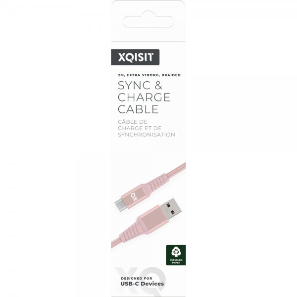Xqisit USB-C-kaapeli, punottu, erikoisvahva, 2 m, ruusukulta