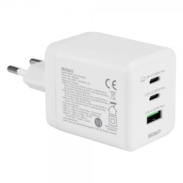 Deltaco seinälaturi GaN 1x USB-A 2x USB-C PPS 100W