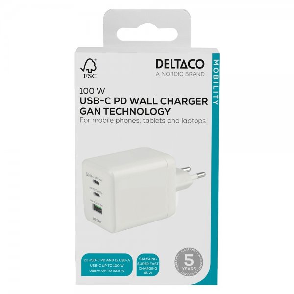 Deltaco seinälaturi GaN 1x USB-A 2x USB-C PPS 100W