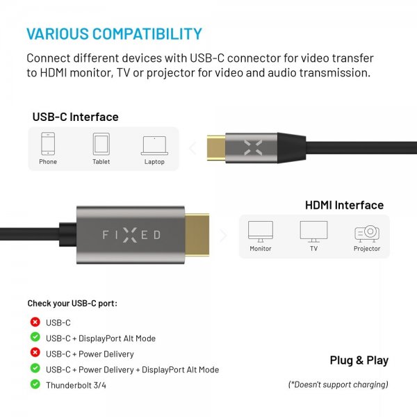 Kiinteä videokaapeli USB-C–HDMI 4K/60Hz 2m