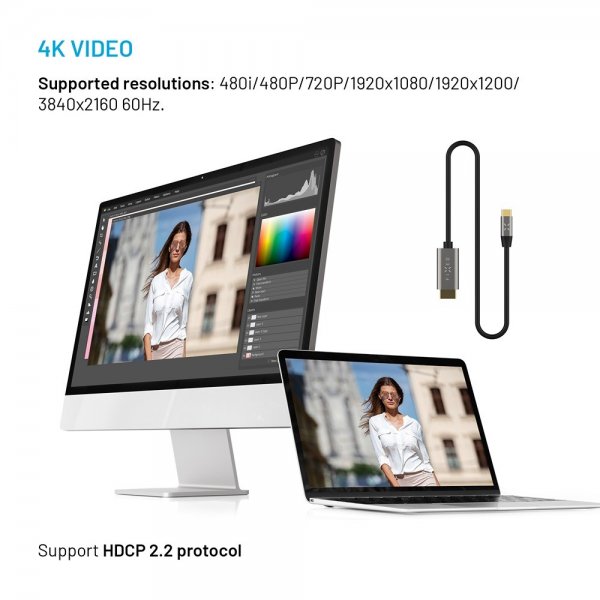 Kiinteä videokaapeli USB-C–HDMI 4K/60Hz 2m