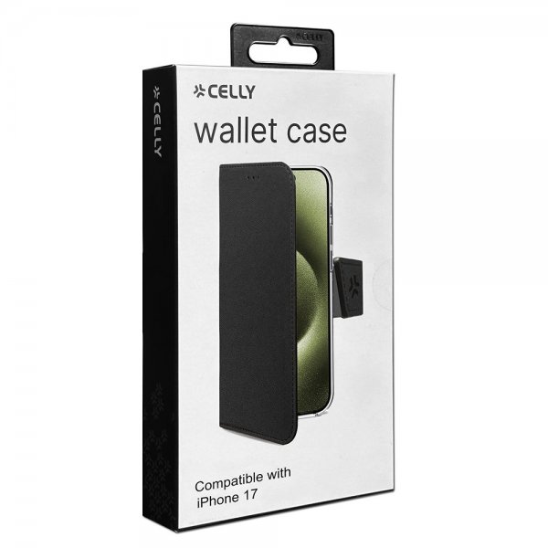 Celly iPhone 17 -kotelo Wally Wallet Case, musta