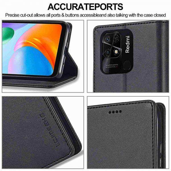 Lc.Imeeke Xiaomi Redmi 10C suojakotelo, jossa korttipaikat ja jalustatoiminto, musta
