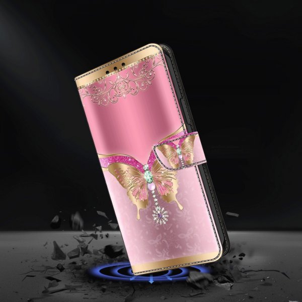 Xiaomi Redmi 12C Kotelo Perhonen Vaaleanpunainen ja Kulta Kuvio