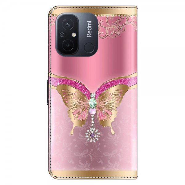 Xiaomi Redmi 12C Kotelo Perhonen Vaaleanpunainen ja Kulta Kuvio