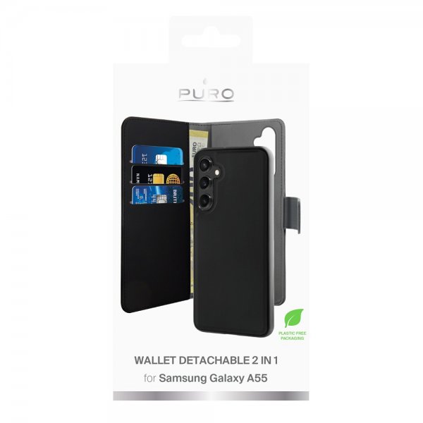 Puro Samsung Galaxy A55 Wallet Detachable 2-in-1 -lompakkokotelo, musta