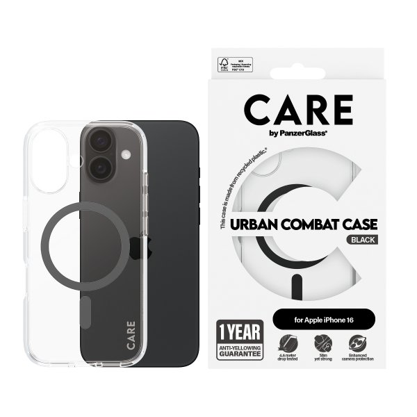 CARE by PanzerGlass iPhone 16 -suojakuori Urban Combat MagSafe Musta Läpinäkyvä