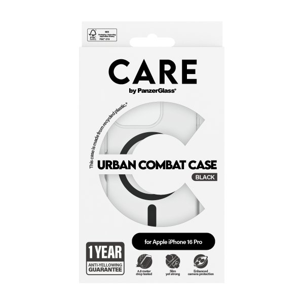 CARE by PanzerGlass iPhone 16 Pro -kuori Urban Combat MagSafe Musta Läpinäkyvä