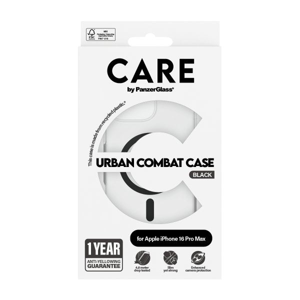 CARE by PanzerGlass iPhone 16 Pro Max -suojakuori Urban Combat MagSafe, musta/läpinäkyvä