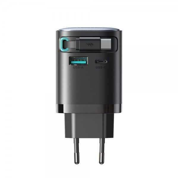 Joyroom 65W seinälaturi sisäänrakennetulla USB-C-kaapelilla ja USB-A/USB-C-liitännällä Musta