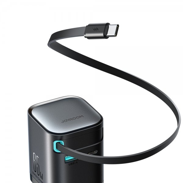Joyroom 65W seinälaturi sisäänrakennetulla USB-C-kaapelilla ja USB-A/USB-C-liitännällä Musta