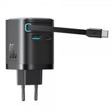 Joyroom 65W seinälaturi sisäänrakennetulla USB-C-kaapelilla ja USB-A/USB-C-liitännällä Musta