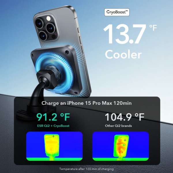 ESR Autoteline Qi2 Air Vent/Dashboard Wireless Car Charger CryBoost HaloLock, musta