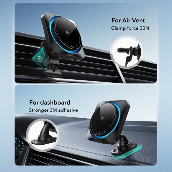 ESR Autoteline Qi2 Air Vent/Dashboard Wireless Car Charger CryBoost HaloLock, musta
