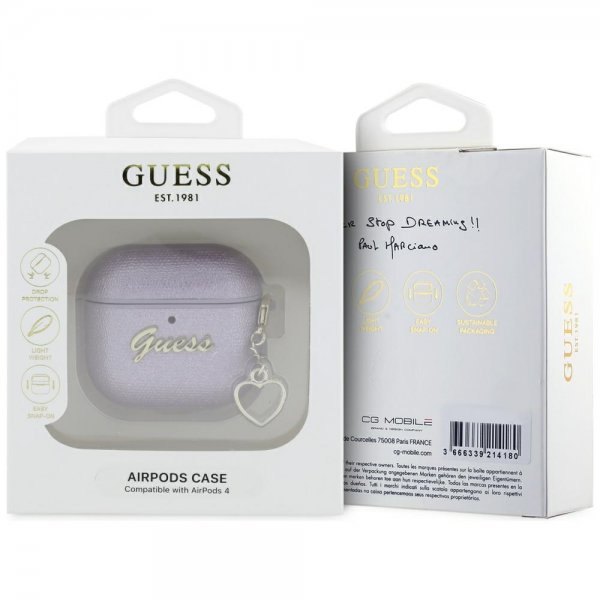 Guess AirPods 4 Kotelo Metallic Script Charm Lila