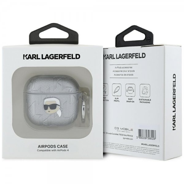 Karl Lagerfeld AirPods 4 -kuori monogrammikuviolla, hopea