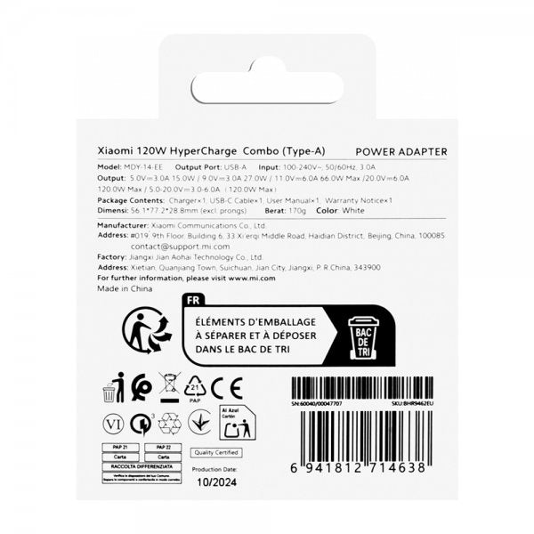 Xiaomi Alkuperäinen laturi USB-C-kaapelilla 120W HyperCharge Combo 6A