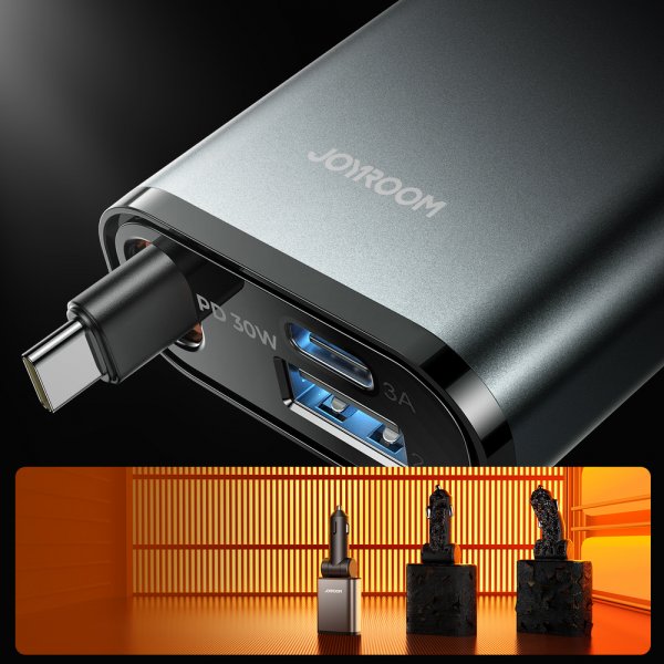 Joyroom 45W autolaturi sisäänrakennetulla USB-C-kaapelilla ja USB-A/USB-C-liitännällä Harmaa
