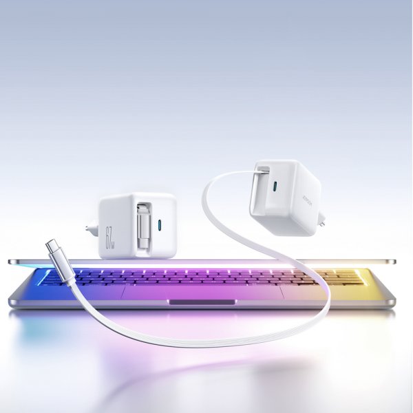 Joyroom 67W Seinälaturi sisäänrakennetulla USB-C-kaapelilla ja USB-C-liitännällä, valkoinen
