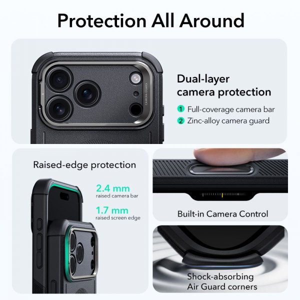 ESR iPhone 17 Pro -kuori Cyber Tough MagSafe-jalustalla, musta