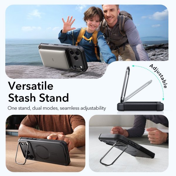 ESR iPhone 17 Pro -kuori Cyber Tough MagSafe-jalustalla, musta