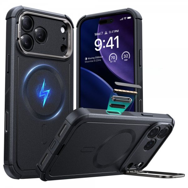 ESR iPhone 17 Pro Max Kuori Cyber Tough Kickstand MagSafe Musta