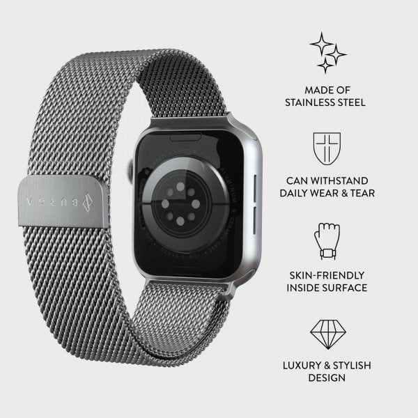 Burga Apple Watch 44/45/46mm/Ultra 49mm ranneke, metalliverkko, hopea