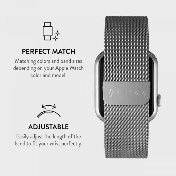 Burga Apple Watch 38/40/41/42mm ranneke, metalliverkko, hopea