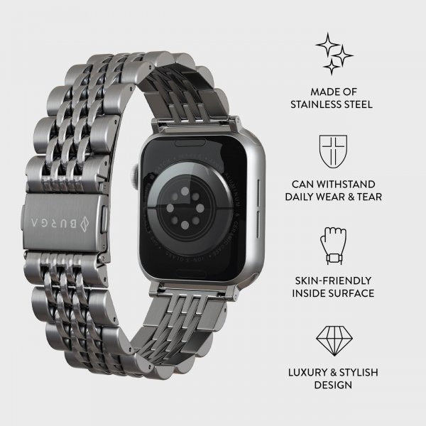 Burga Apple Watch 44/45/46mm/Ultra 49mm ranneke, metalli, hopea