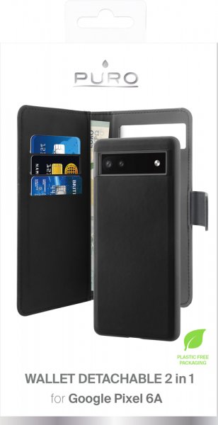 Puro Google Pixel 6a Kotelo Lompakko Irrotettava 2 in 1 Musta