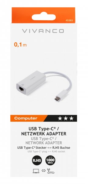 Vivanco-sovitin USB Type-C Network Adapter RJ45 Valkoinen