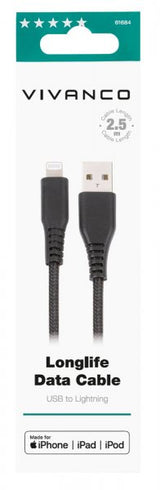 Vivanco Kaapeli Longlife Punottu USB-A/Lightning 2.5m Musta