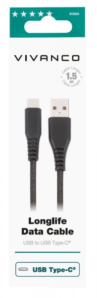 Vivanco Longlife Braided -kaapeli USB-A/USB-C 1,5 m musta