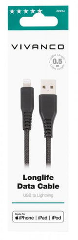 Vivanco Kaapeli Longlife Punottu USB-A/Lightning 0,5m Musta