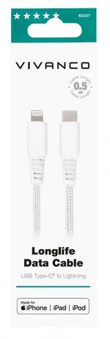 Vivanco Kaapeli Longlife Punottu USB-C/Lightning 0.5m Valkoinen