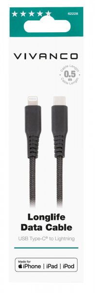 Vivanco Kaapeli Longlife Braided USB-C/Lightning 0.5m Musta