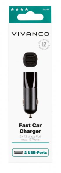 Vivanco Autolaturi Kiinteä autolaturi 2xUSB-A 17W Musta