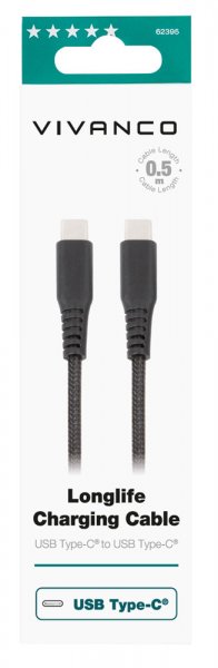 Vivanco Kaapeli Longlife Punottu USB-C/USB-C 0.5m Musta
