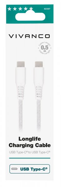 Vivanco Kaapeli Longlife Punottu USB-C/USB-C 0.5m Valkoinen