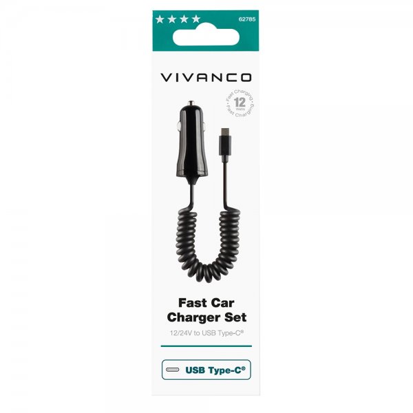 Vivanco Autolaturi spiraalikaapelilla 1m USB-C 12W Musta